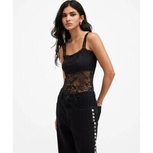 All Saints Charlie Lace Bodysuit Womens Size 8 Square Neck Thong Sheer Romantic